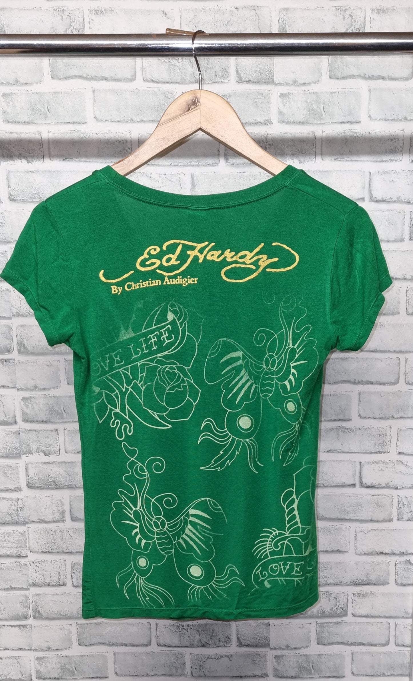 Ed Hardy by Christian Audigier Green Rose Short Sleeve T-Shirt Size Small