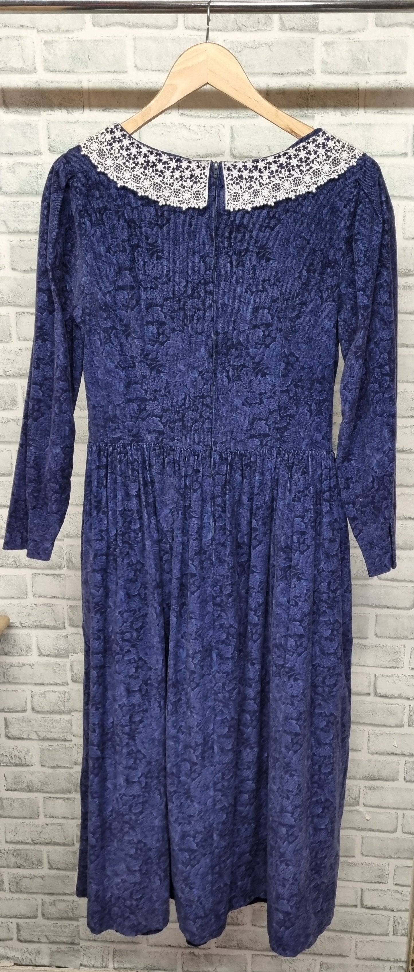 Vintage Laura Ashley Floral Blue Maxi Prairie Dress with Lace Peter Pan Collar Size 14