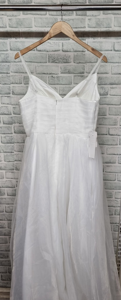 Hebeos A-Line V-Neck Organza White Layered Wedding Dress with Tail Size 16 BNWT