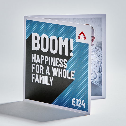 bold blue card with shadow text "Happiness for a whole family"