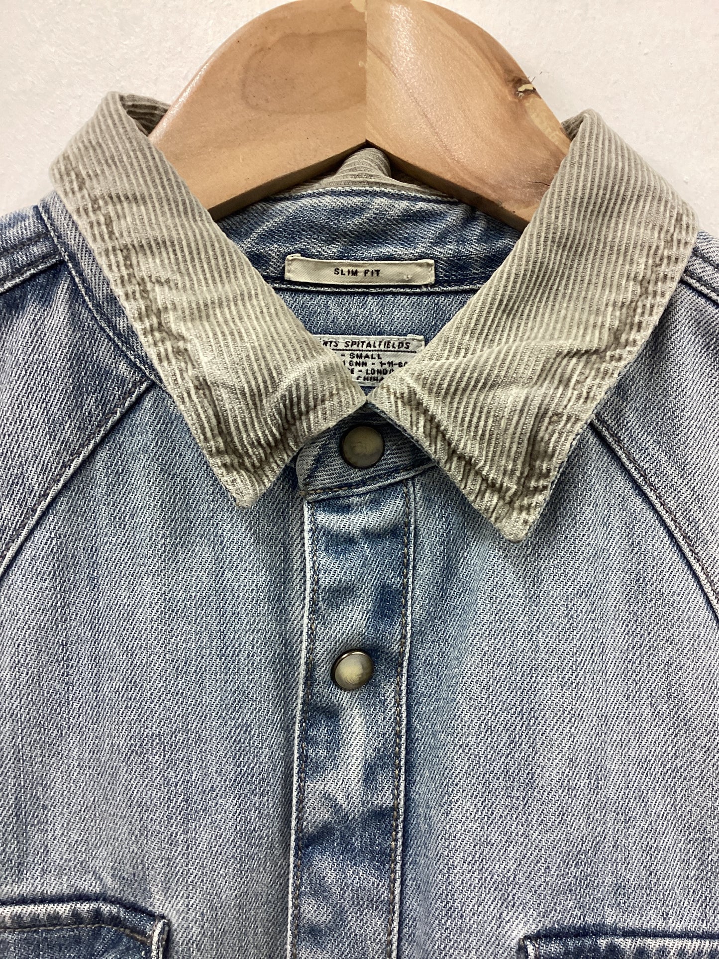 All Saints Size Small Distressed Denim Shirt Corduroy Collar