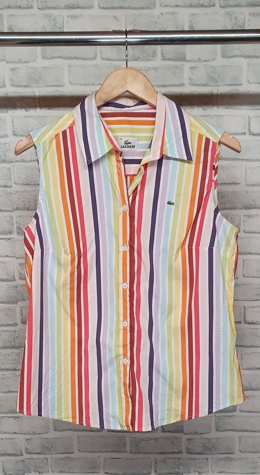 Lacoste Short Sleeveless Striped Colourful Shirt Size 46