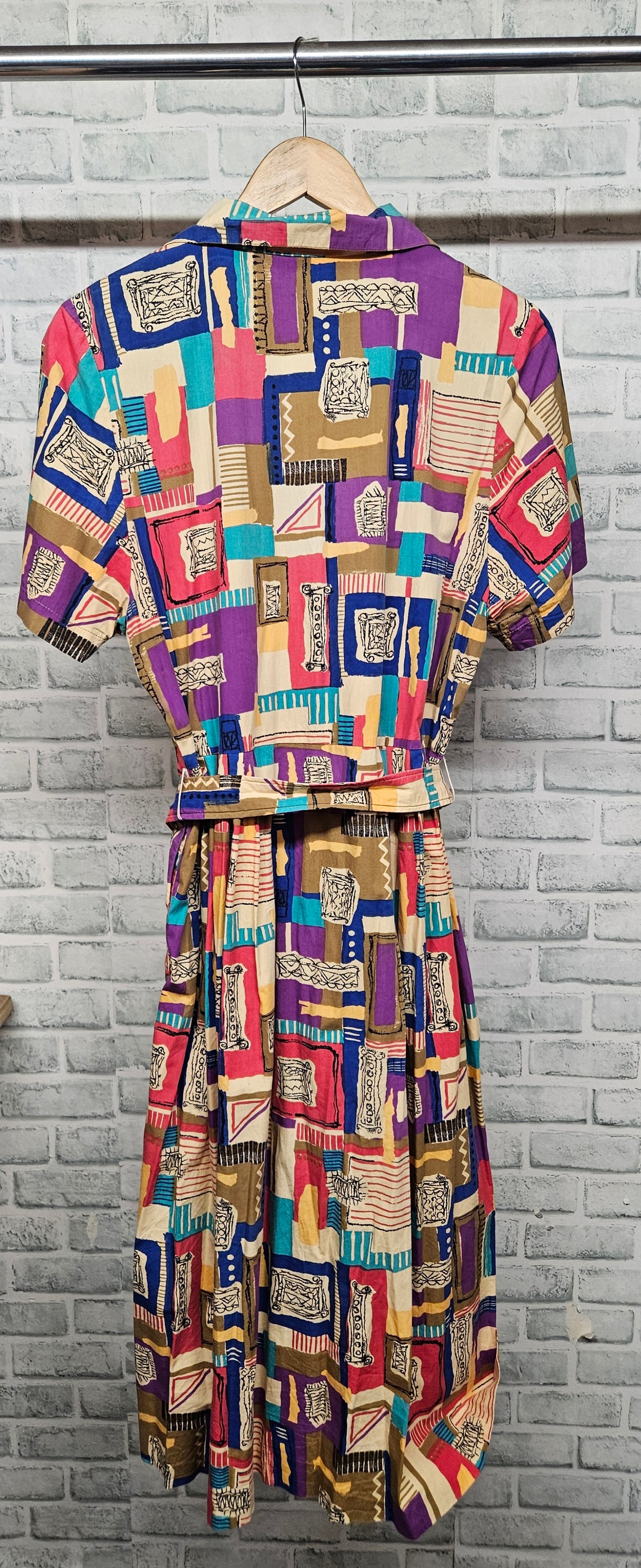 Vintage Anonymous Abstract Button Up Belted Midi Dress Size 14