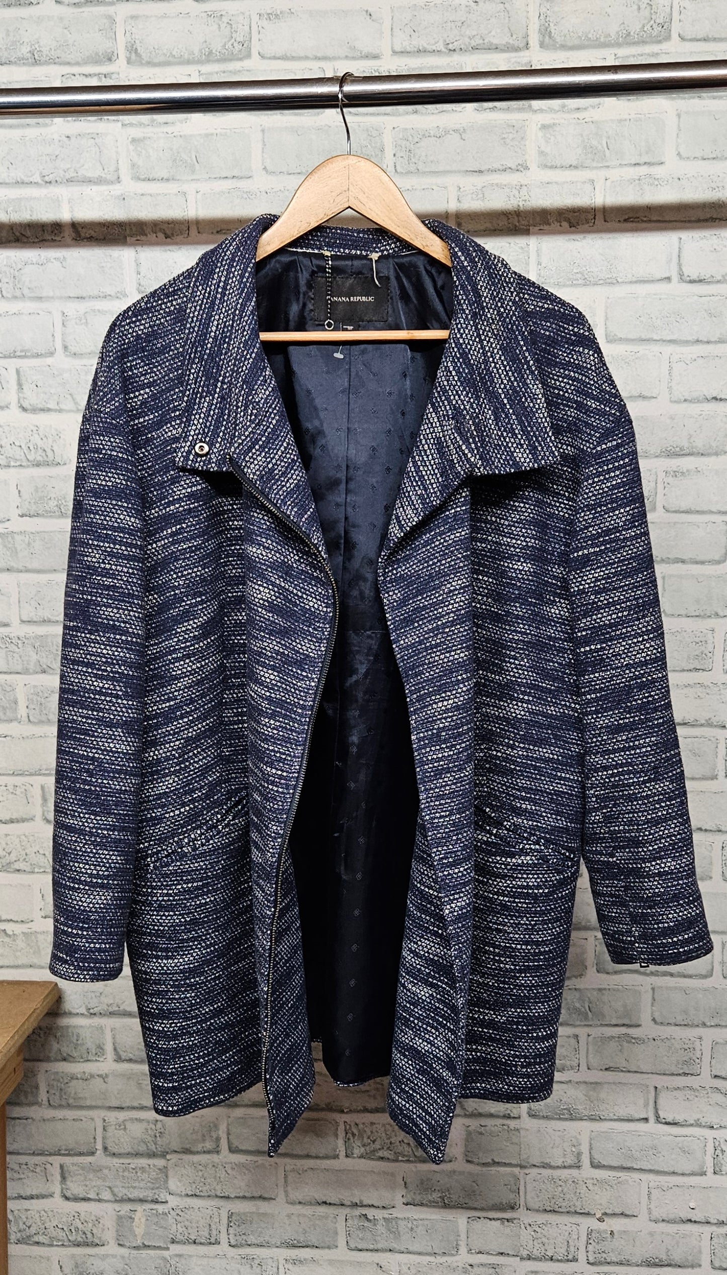 Banana Republic Blue and White Textured Cocoon Coat Size Medium