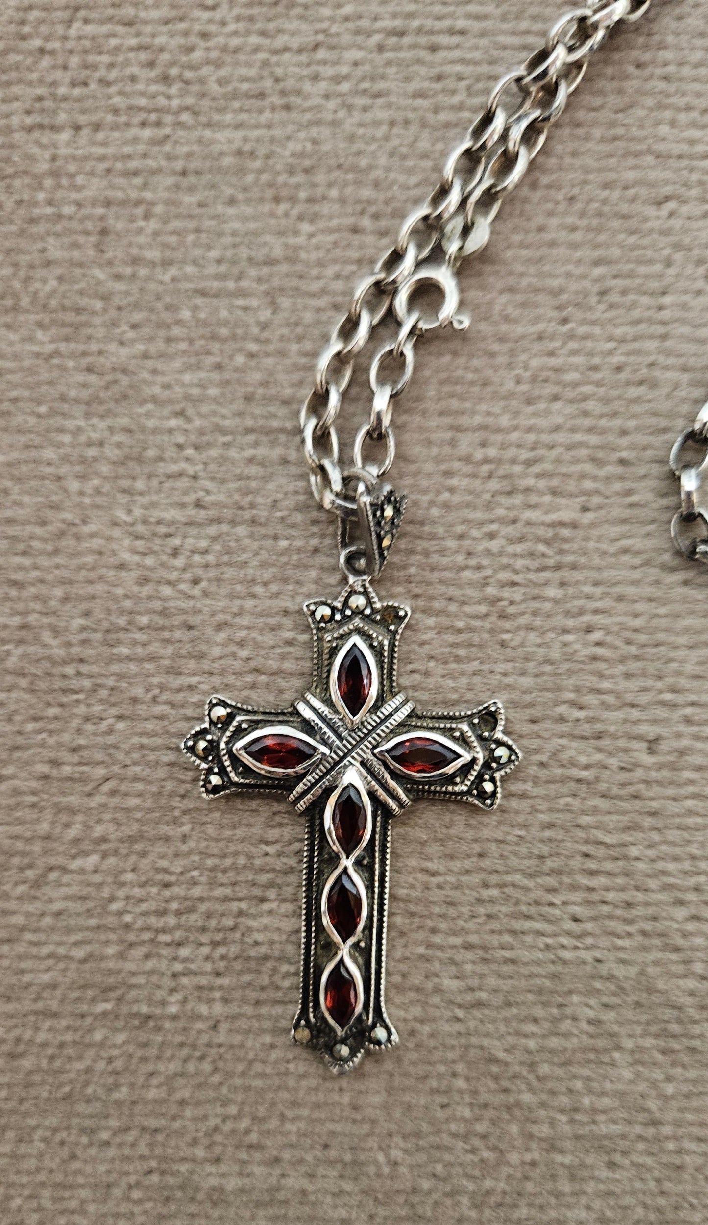 Sterling Silver Cross Pendant with Red Stones and Sterling Silver Chain