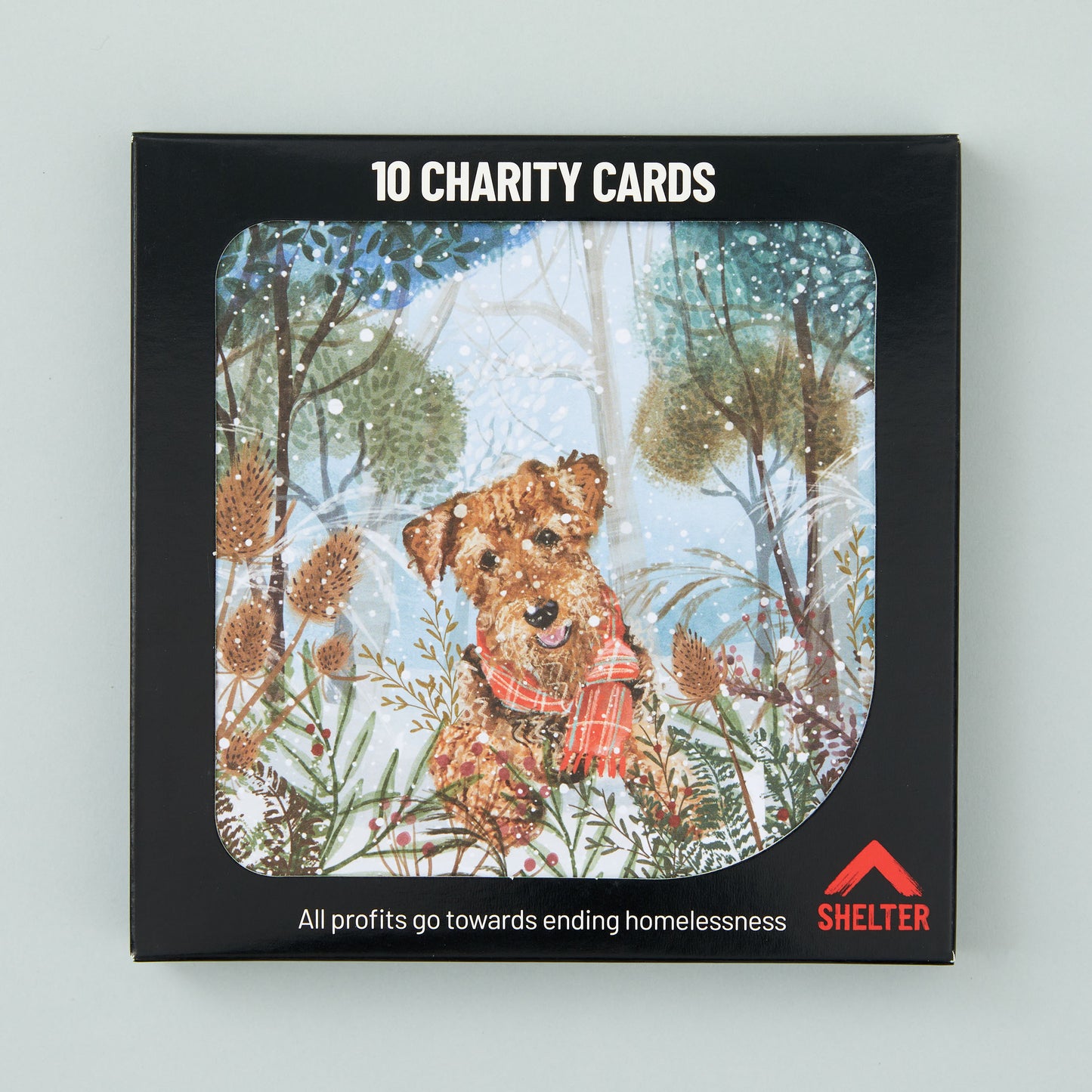 Pack of 10 'Christmas Walkies' Christmas cards in a black Shelter branded card box.