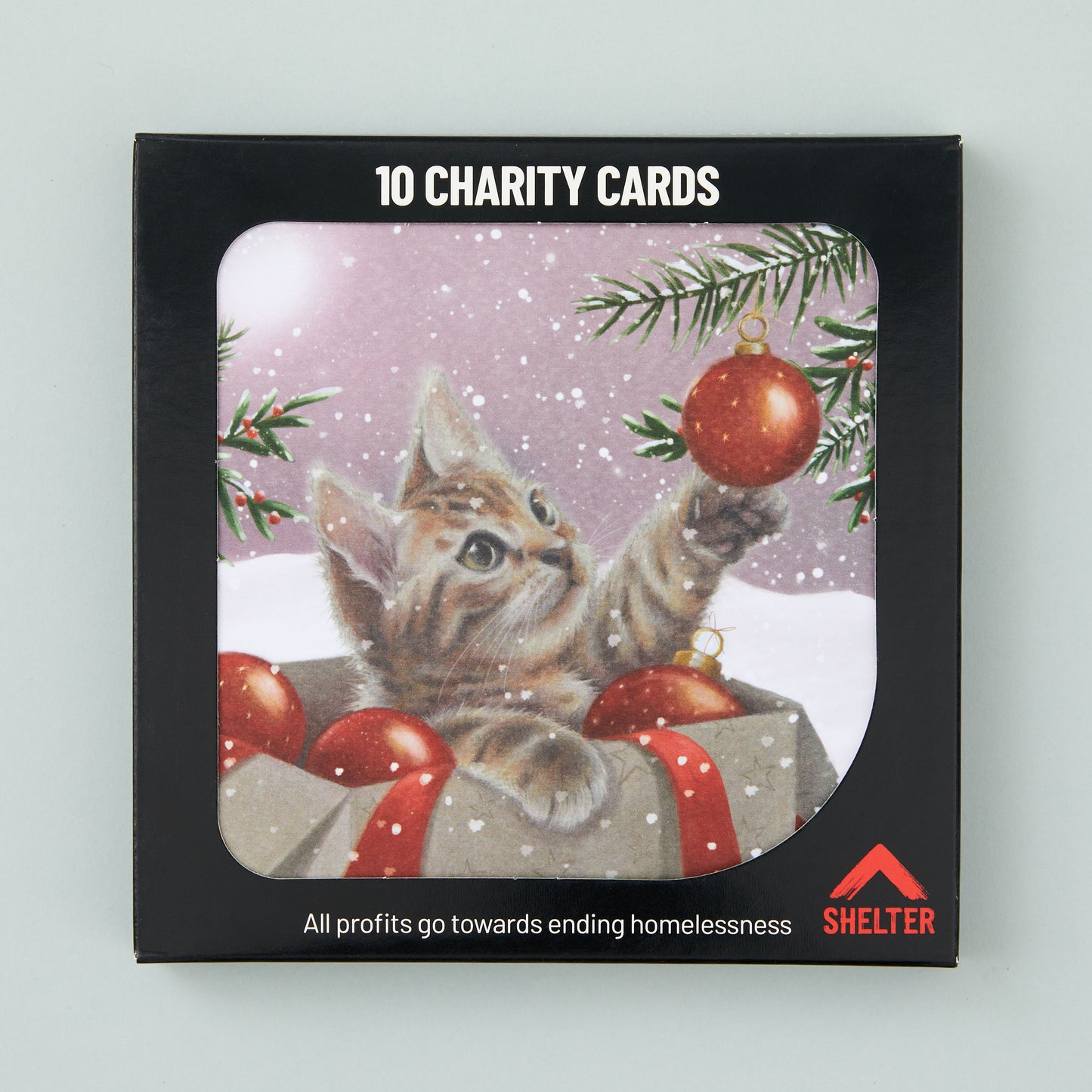 Pack of 10 'Christmas Kitten' Christmas cards in a black Shelter branded card box.