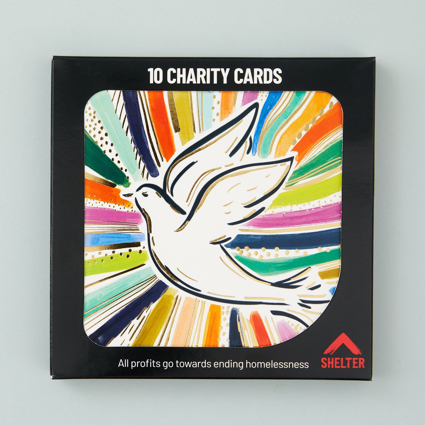 Pack of 10 'Joyful Dove' Christmas cards in a black Shelter branded card box.