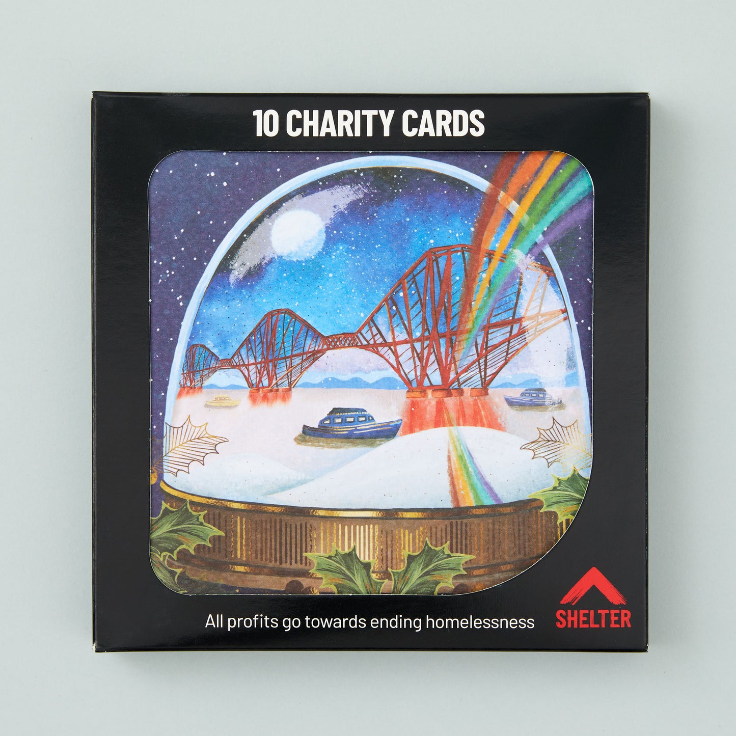 Pack of 10 'Forth Bridge Snowglobe' Christmas cards in a black Shelter branded card box.