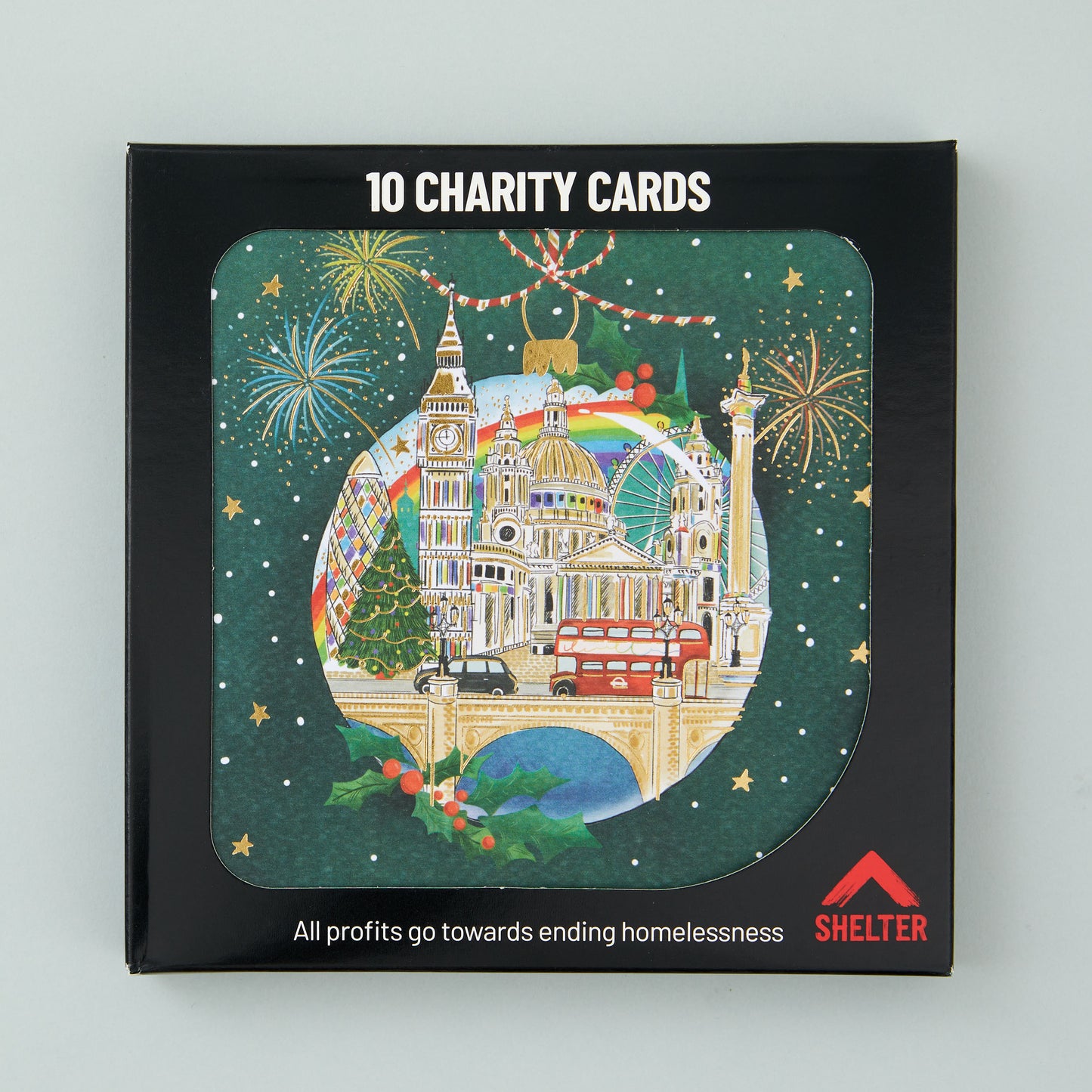 Pack of 10 'London Bauble' Christmas cards in a black Shelter branded card box.