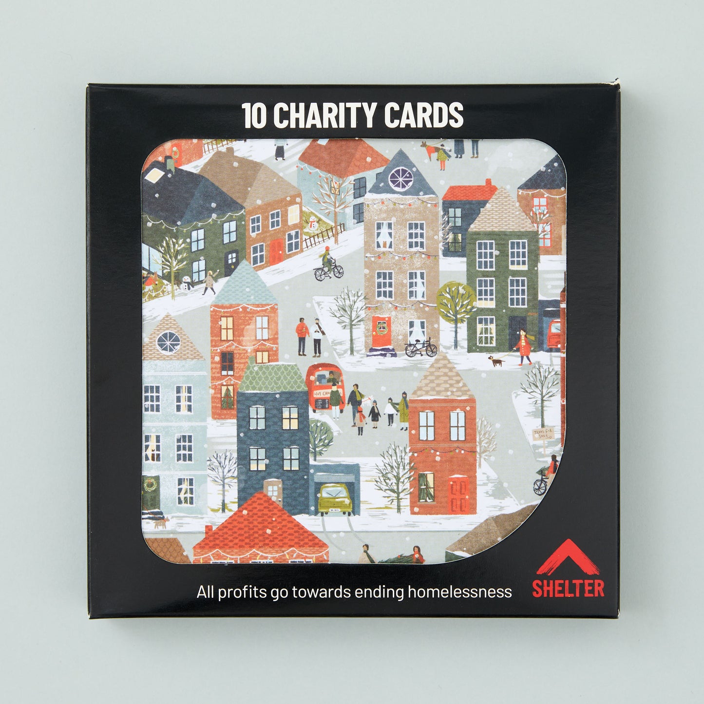 Pack of 10 'City Christmas' Christmas cards in a black Shelter branded card box.