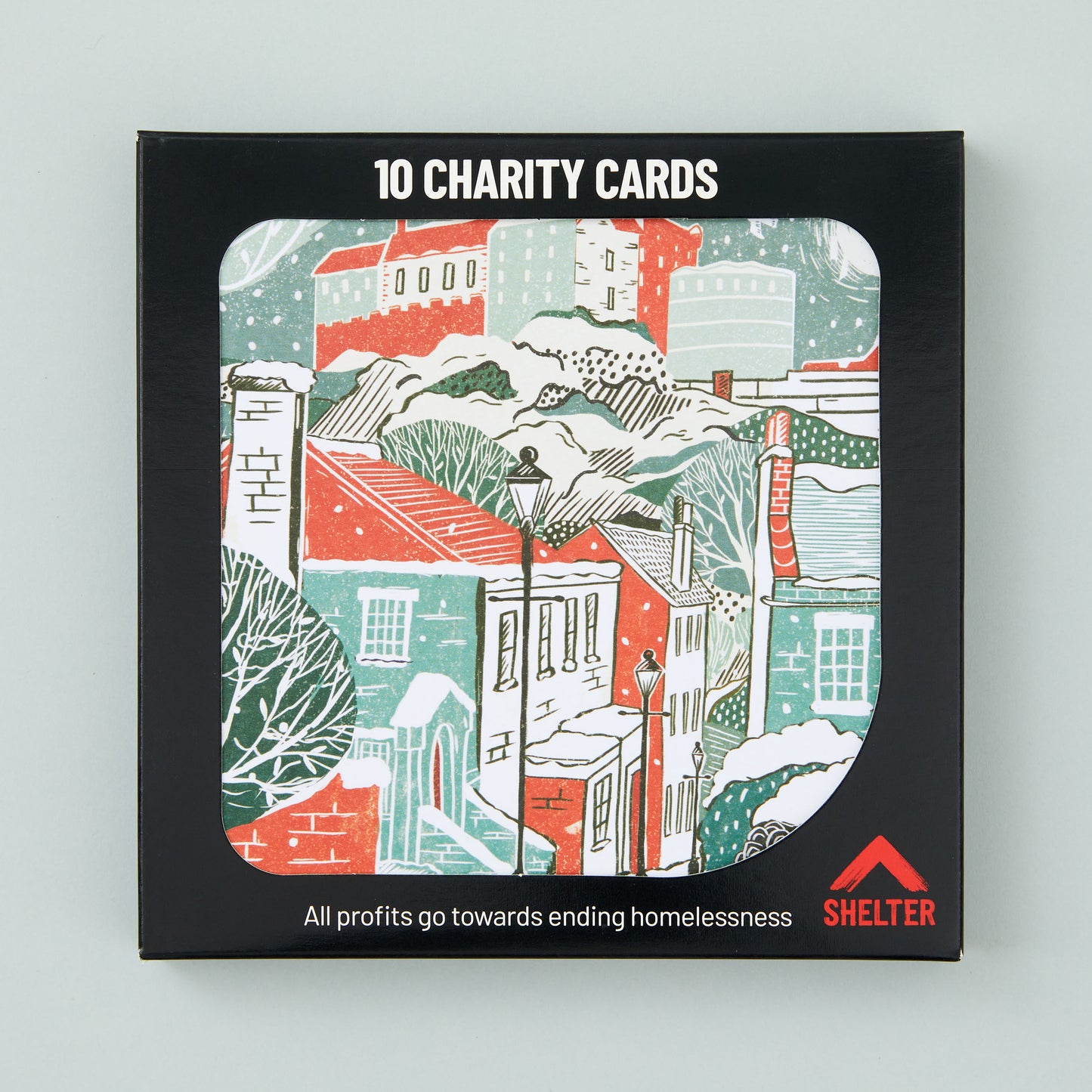 Pack of 10 'Vennel View' Christmas cards in a black Shelter branded card box.