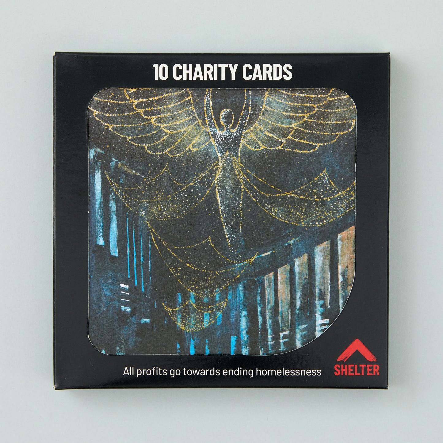 Pack of 10 'Regent Street Angels' Christmas cards in a black Shelter branded card box.
