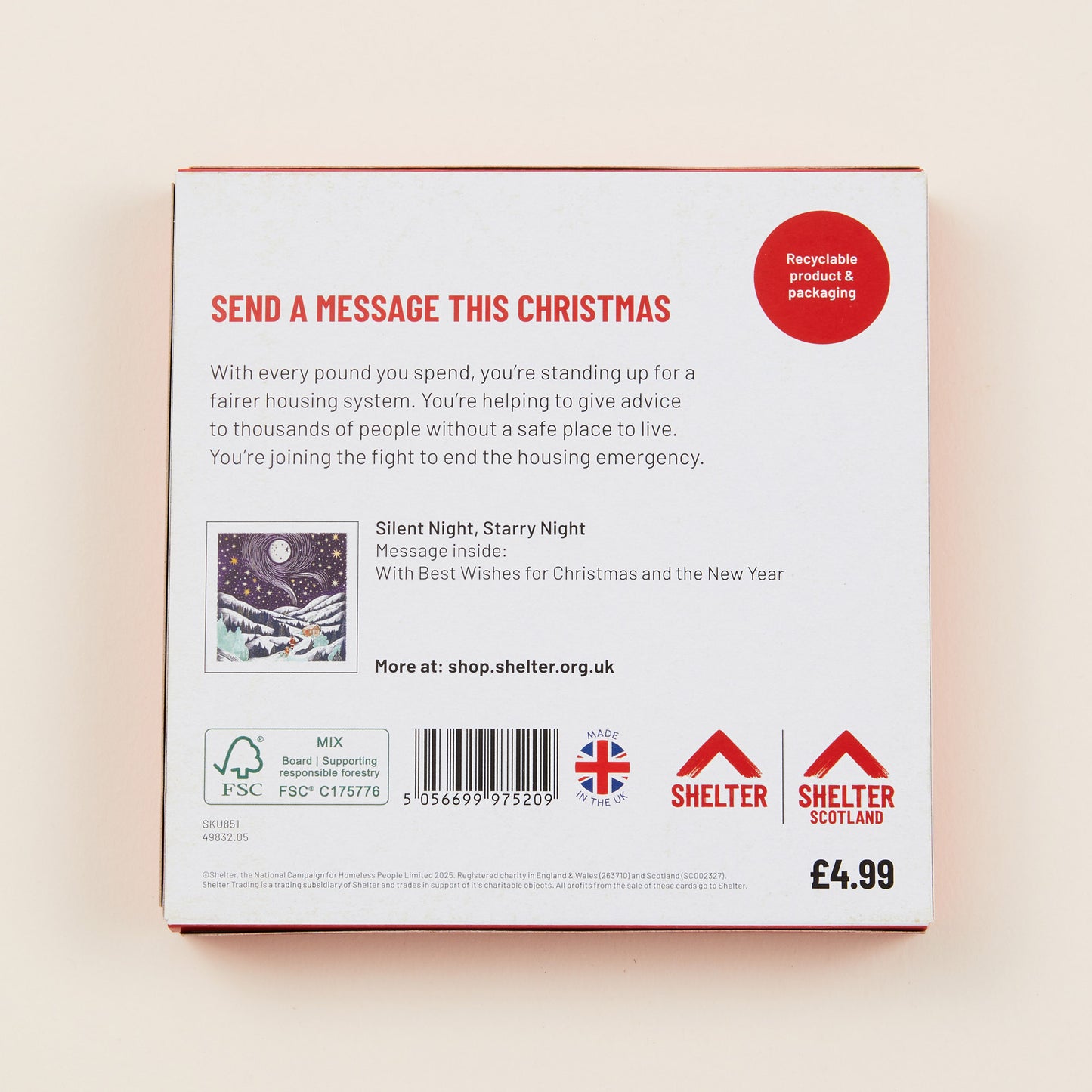 The back of the Christmas card box packaging with details on the size of the cards, the messaging inside them, and information about Shelter and Shelter Scotland.