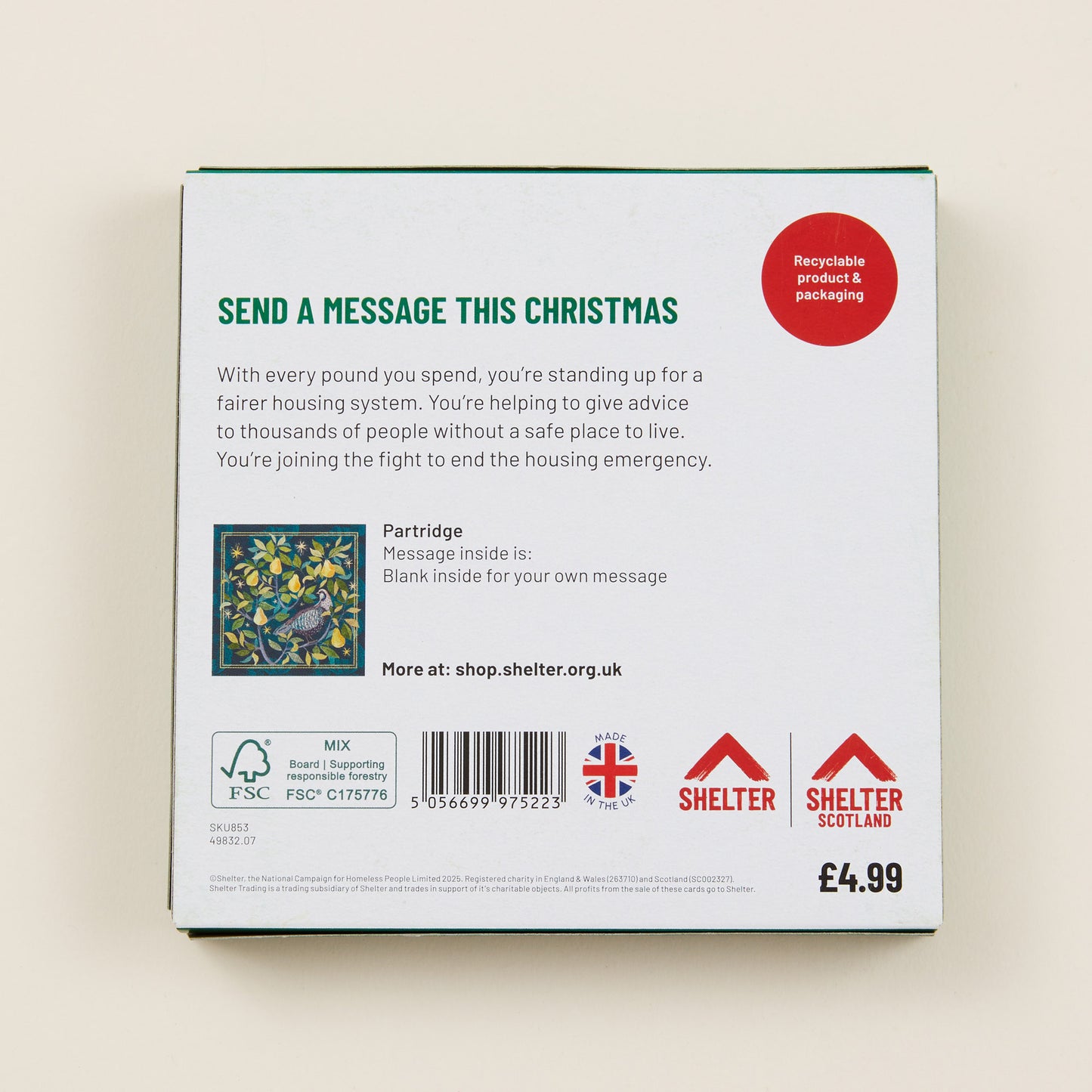 The back of the Christmas card box packaging with details on the size of the cards, the messaging inside them, and information about Shelter and Shelter Scotland.