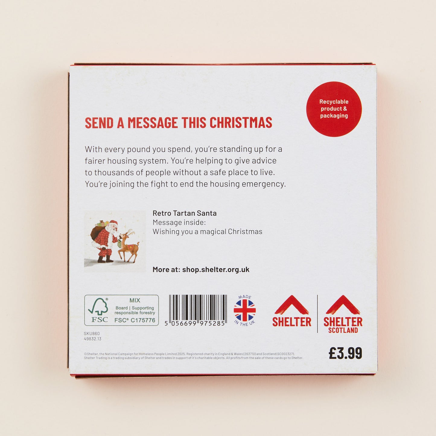 The back of the Christmas card box packaging with details on the size of the cards, the messaging inside them, and information about Shelter and Shelter Scotland.