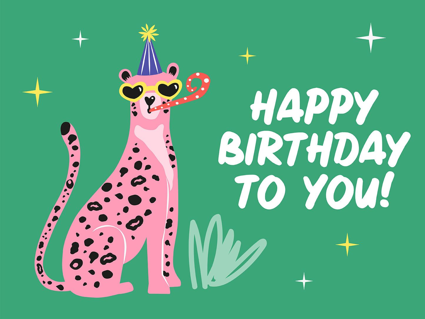 Cartoon cheetah with party hat and horn on a green background with 'Happy Birthday To You!' text.