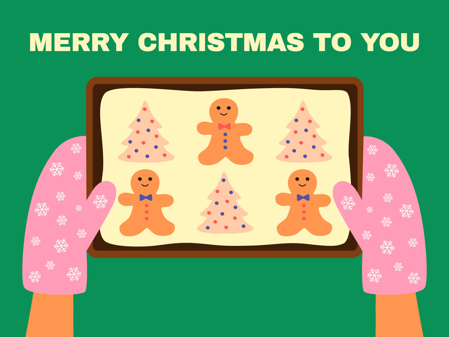 Illustration of gingerbread cookies on a tray with 'Merry Christmas to You' text on a green background.