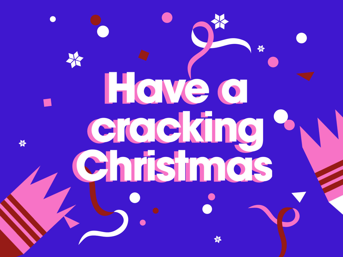 festive text 'Have a cracking Christmas' on a purple background with decorative elements
