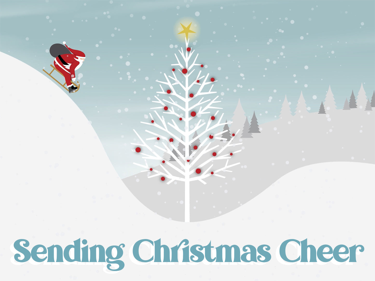 Cartoon Santa Claus approaching a decorated Christmas tree with 'Sending Christmas Cheer' text on a snowy landscape.
