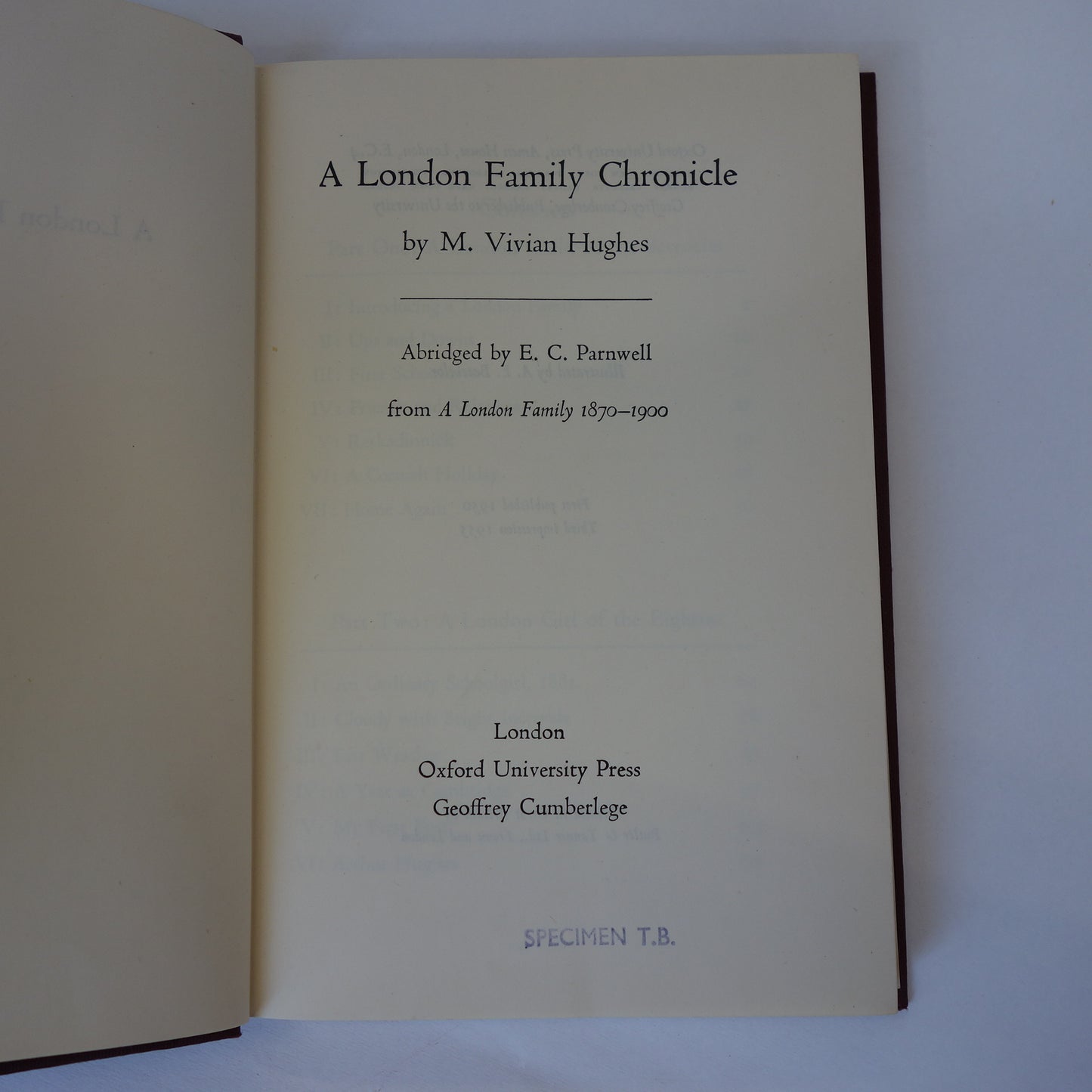 A London Family Chronicle by M. Vivian Hughes abridged by E.C. Parnwell - Hardback book