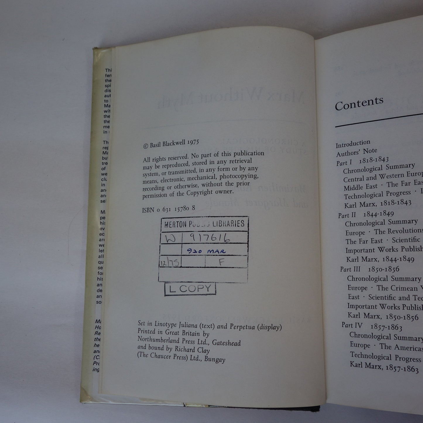 Marx without Myth by Maximilien Rubel & Margaret Manale - First edition hardback book
