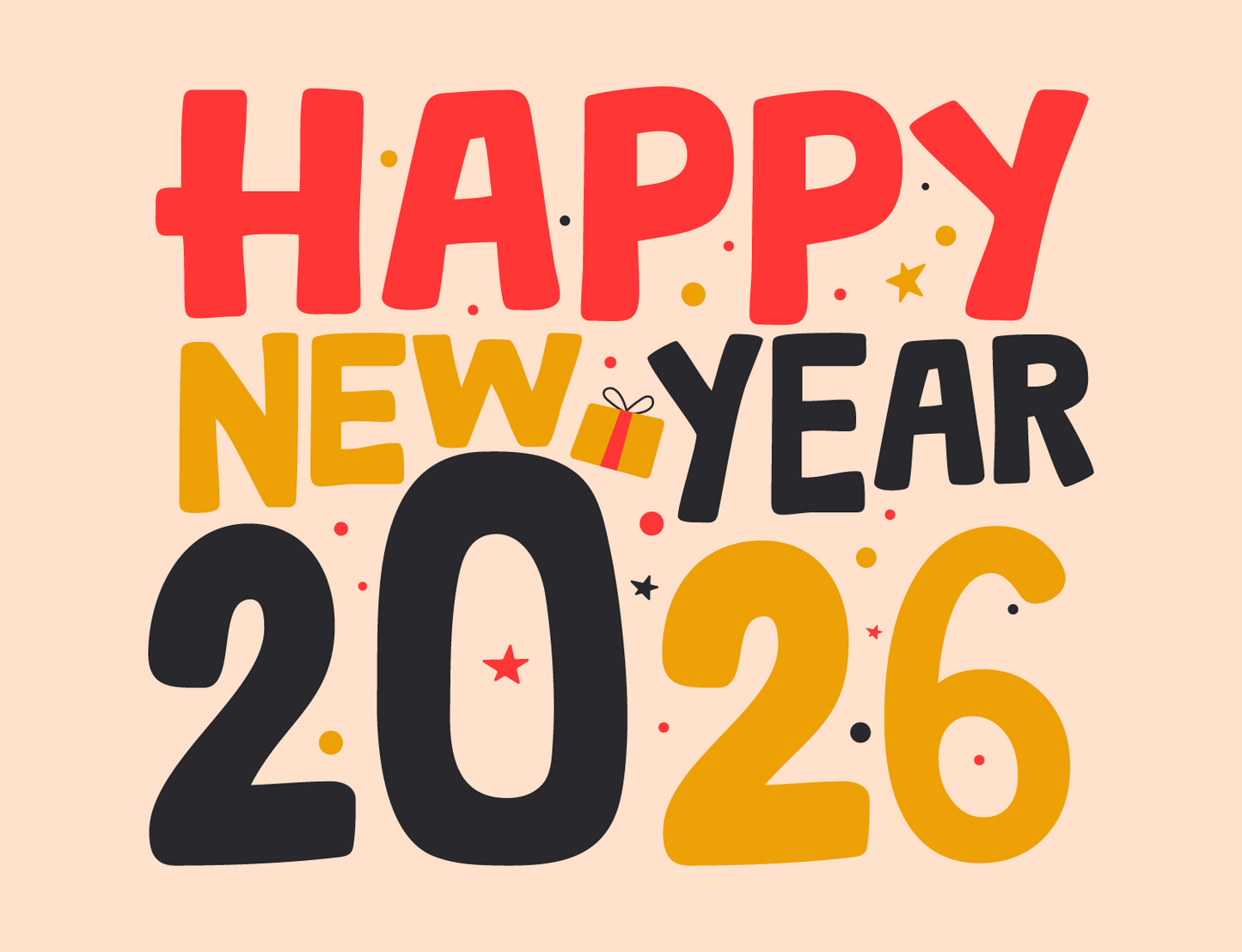 Cartoon text in different colours reading 'Happy New Year 2026' against a light pink background.