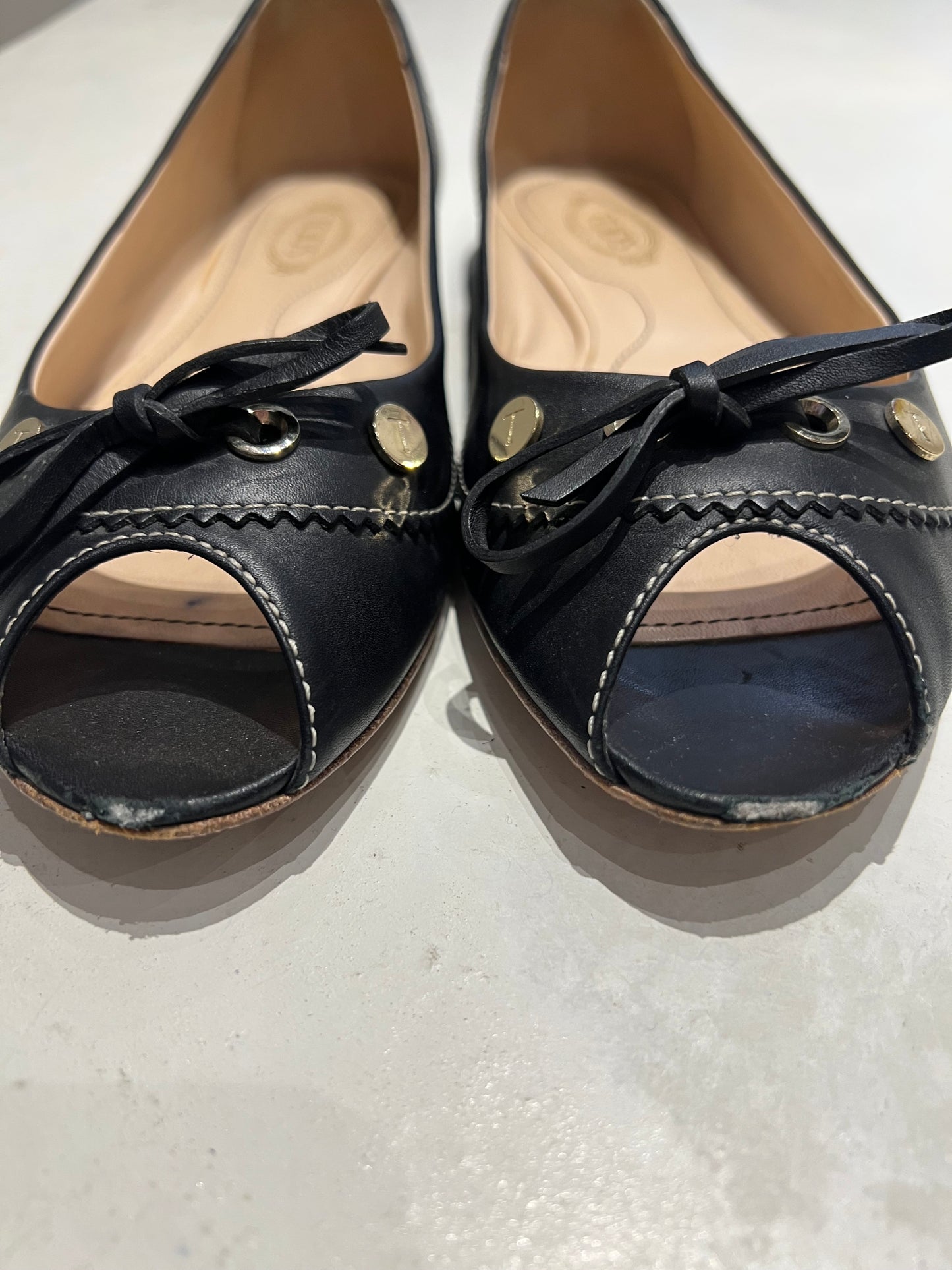 TOD'S Black Peep-Toe Flats Size 4