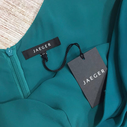 BNWT Jaeger Teal Green V Neck Dress w/Tie Waist 100% Silk RRP£280 Size 14