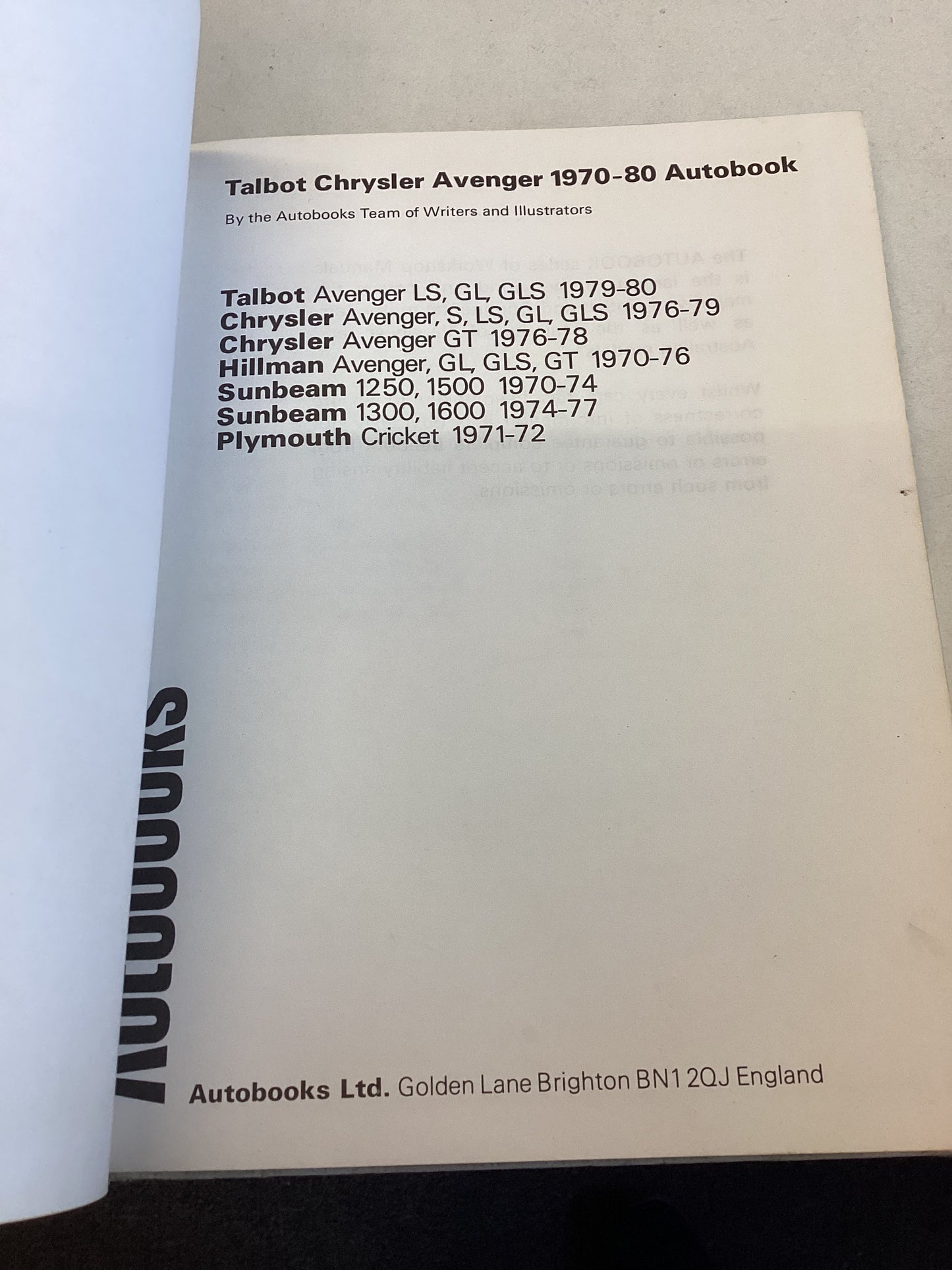 Talbot Avenger Owners Workshop Manual 1970 - 1980 OWM 820