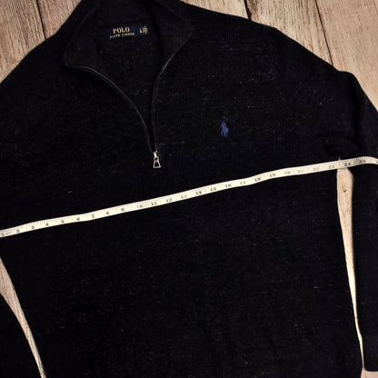 Polo Ralph Lauren Navy Blue Speckled Zip Neck Jumper 100% Cotton Size L