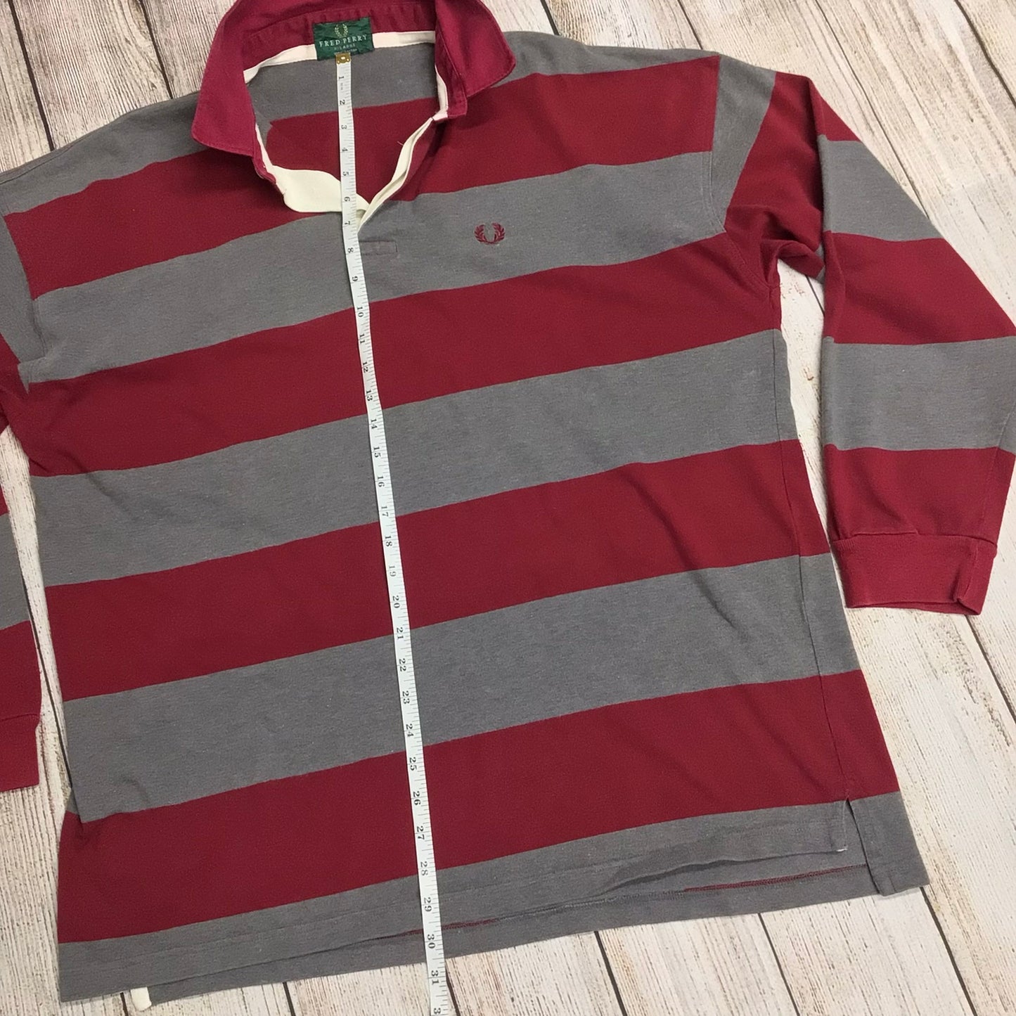 Fred Perry Red & Grey Striped Long Sleeve Polo Shirt 100% Cotton Size XL