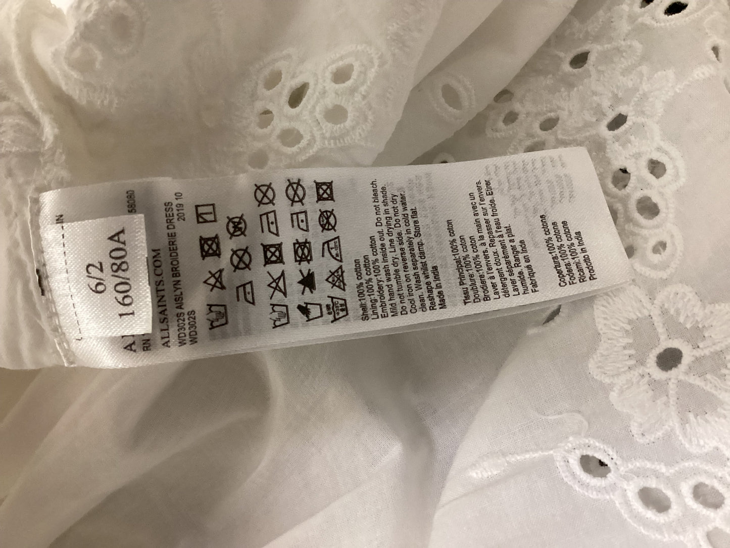 AllSaints Aislyn Broderie Anglaise Eyelet Ruffle Mini Dress – Chalk White – Size 6 – BNWT