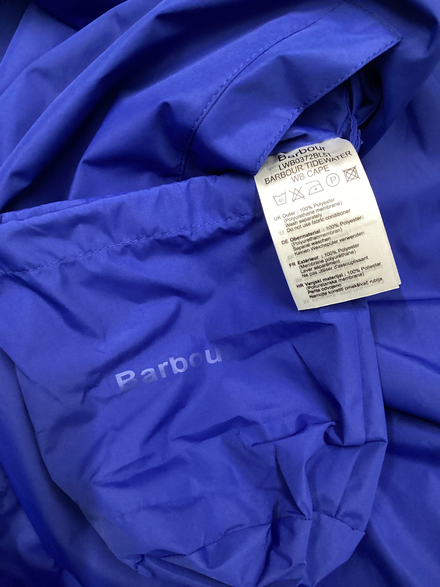 Barbour Beacon Tidewater Packaway Blue Rain Poncho with Hoodie and Pockets
