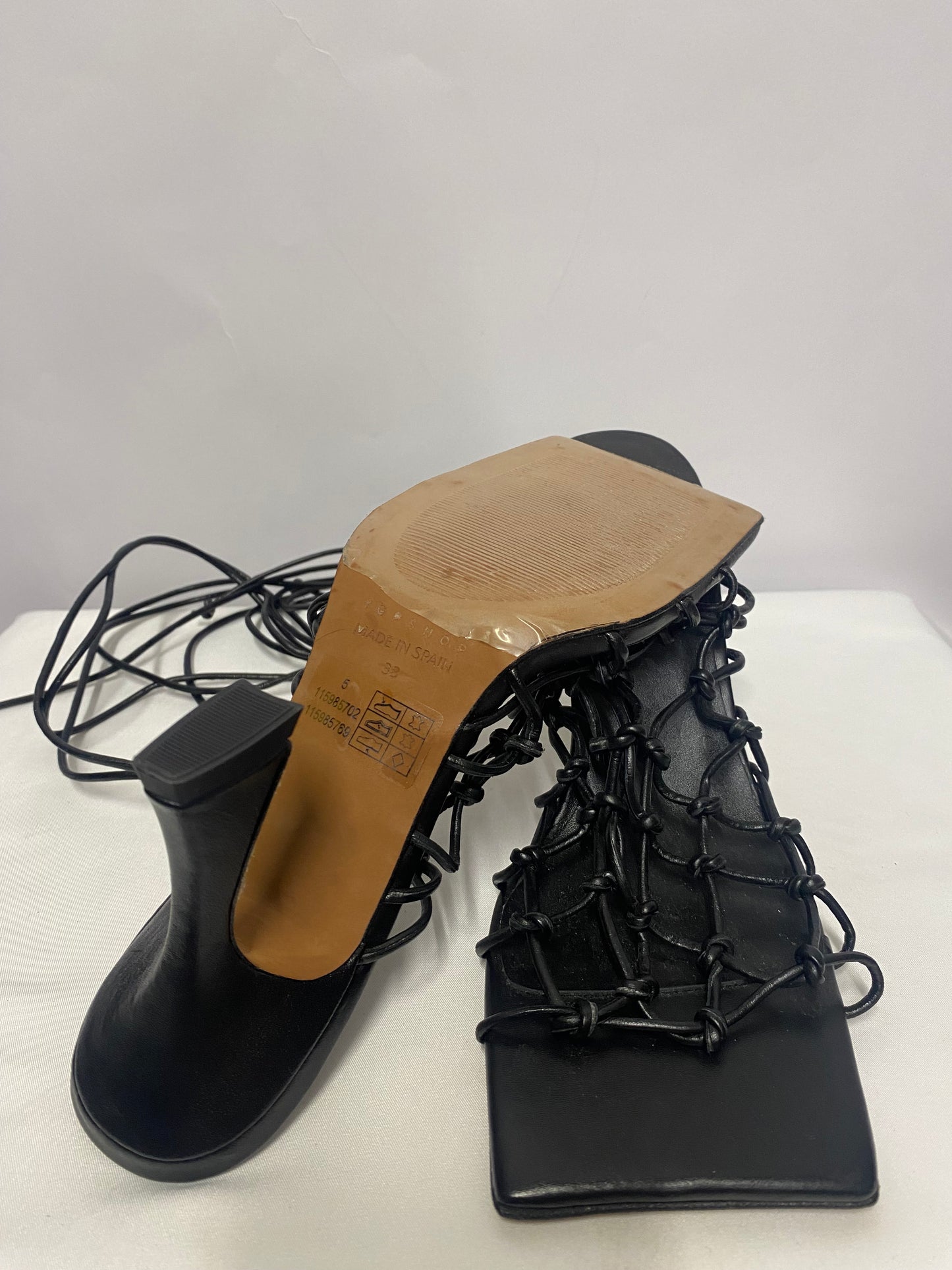Topshop Black Leather Strappy Ankle Tie Sandal Heels 5