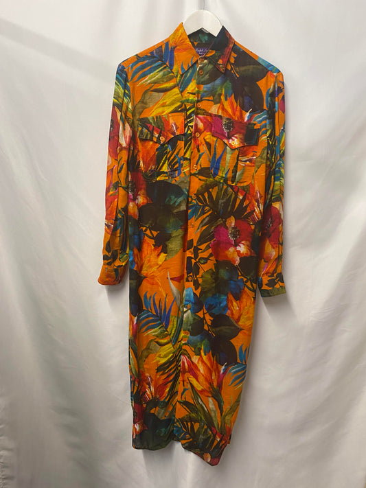 Ralph Lauren Orange Mix 2022 Seneca Tropical Print Linen Midi Shirt Dress 6