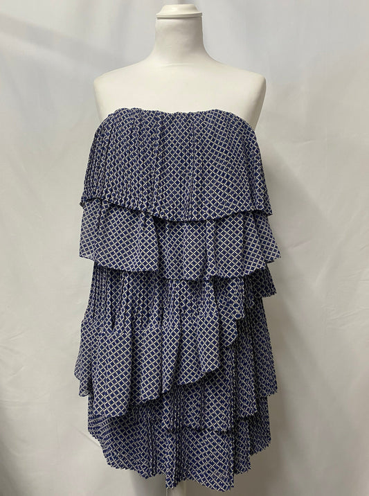 Camilla and Marc Blue and White Patterned Ruffle Strapless Mini Dress 8
