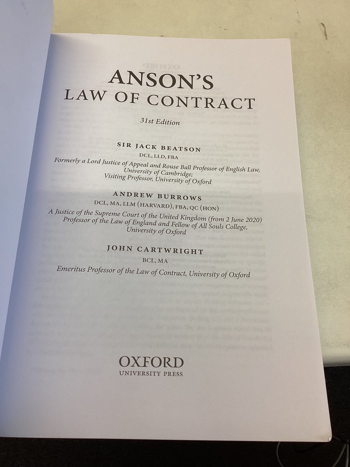 Anson's Law of Contract 31st Edition J Beatson A Burrows J Cartwright