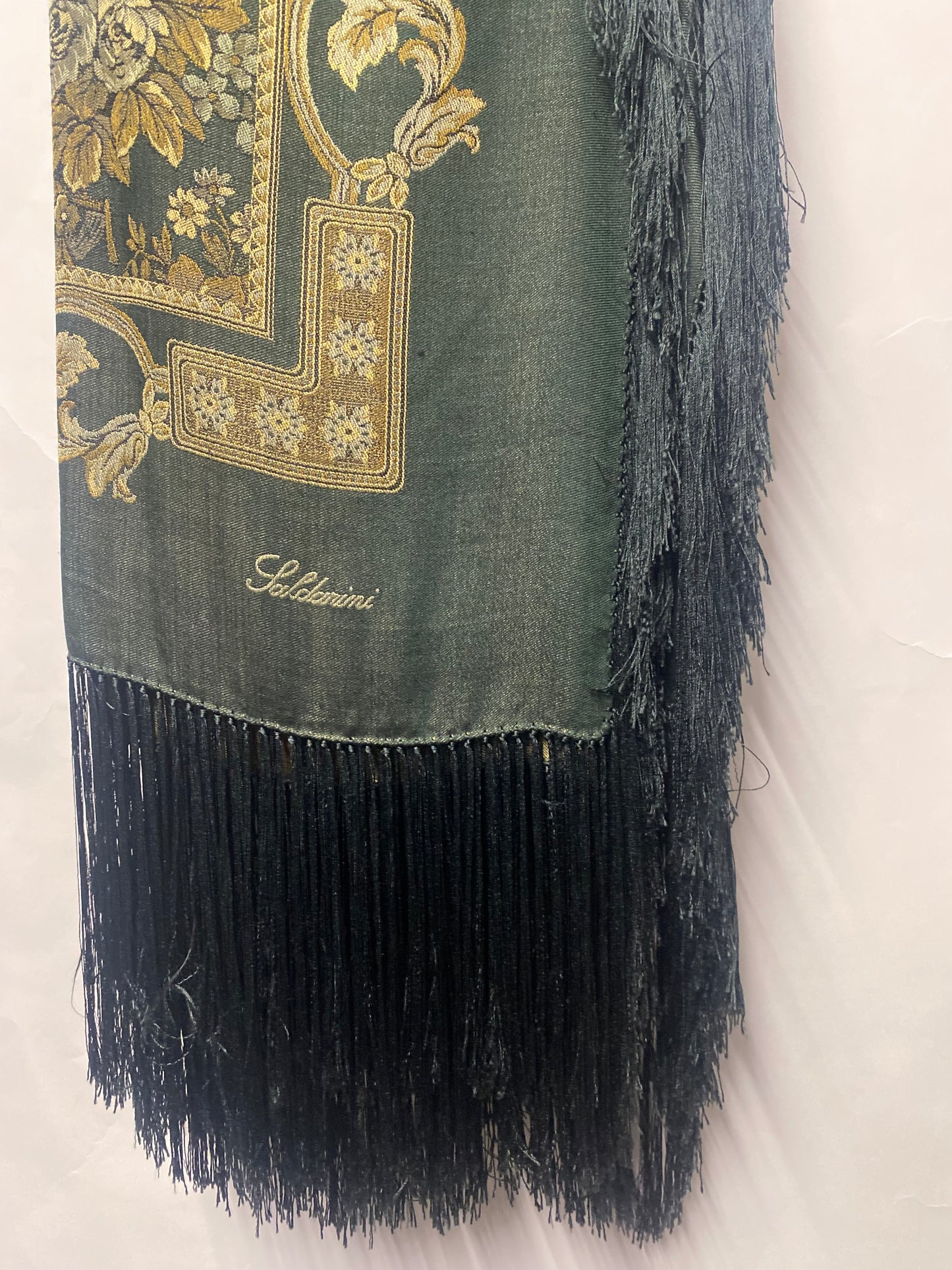 Saldarini Green and Gold Vintage Wool and Silk Scarf/Piano Shawl