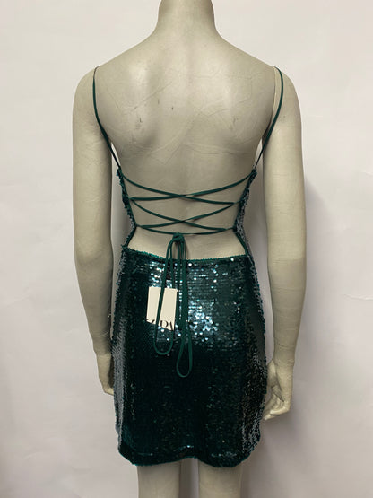 Zara Green Sequin Spaghetti Strap Mini Dress XS BNWT