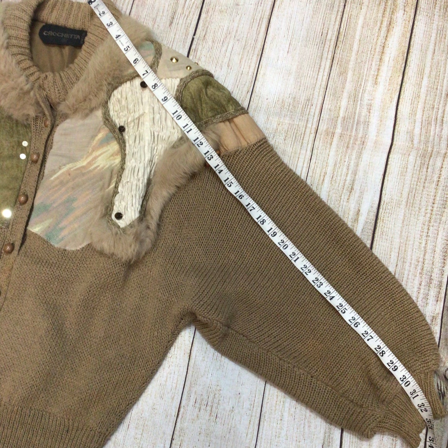 Vintage Crochetta Beige Brown Beaded Cardigan w/Shoulder Pads Size Ch44" (approx.)