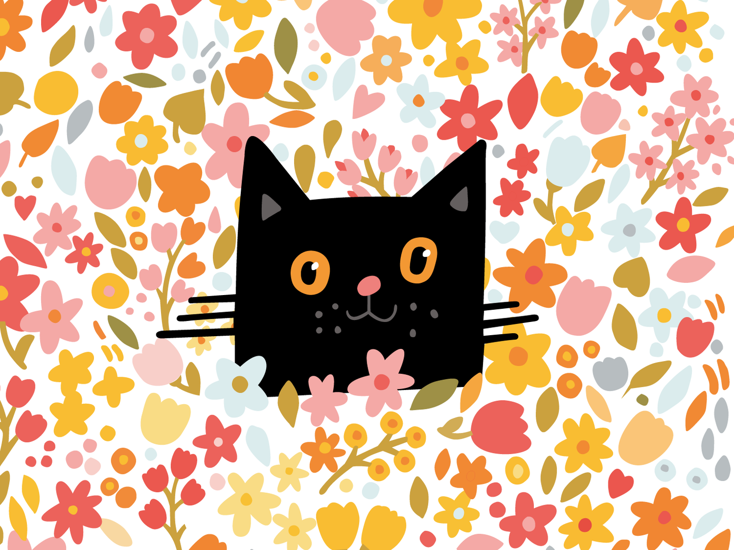 A black cat sitting against a background of colourful flowers.