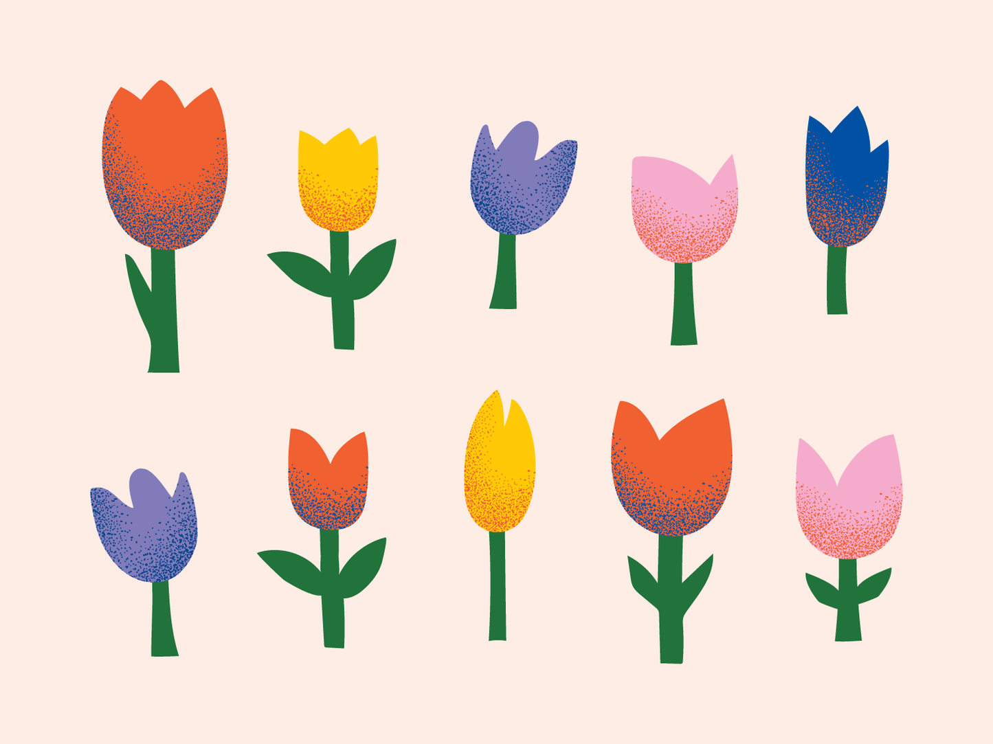 Two rows of colourful cartoon tulips against a light pink background.