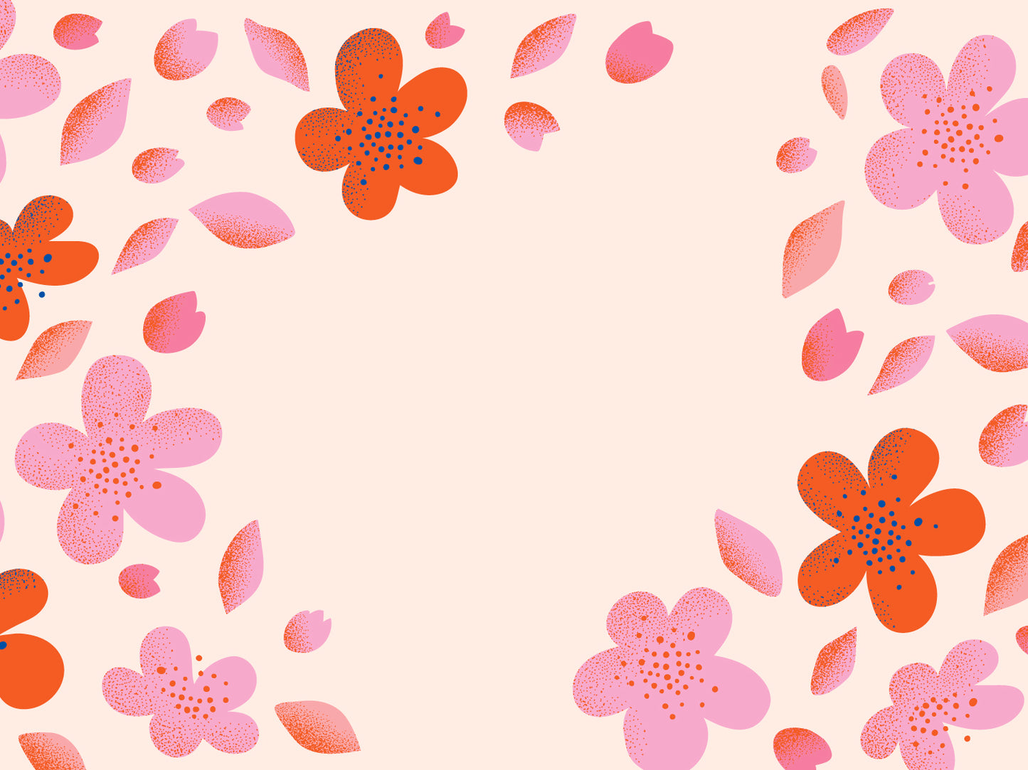 Red and pink cartoon flowers and petals against a light pink background.