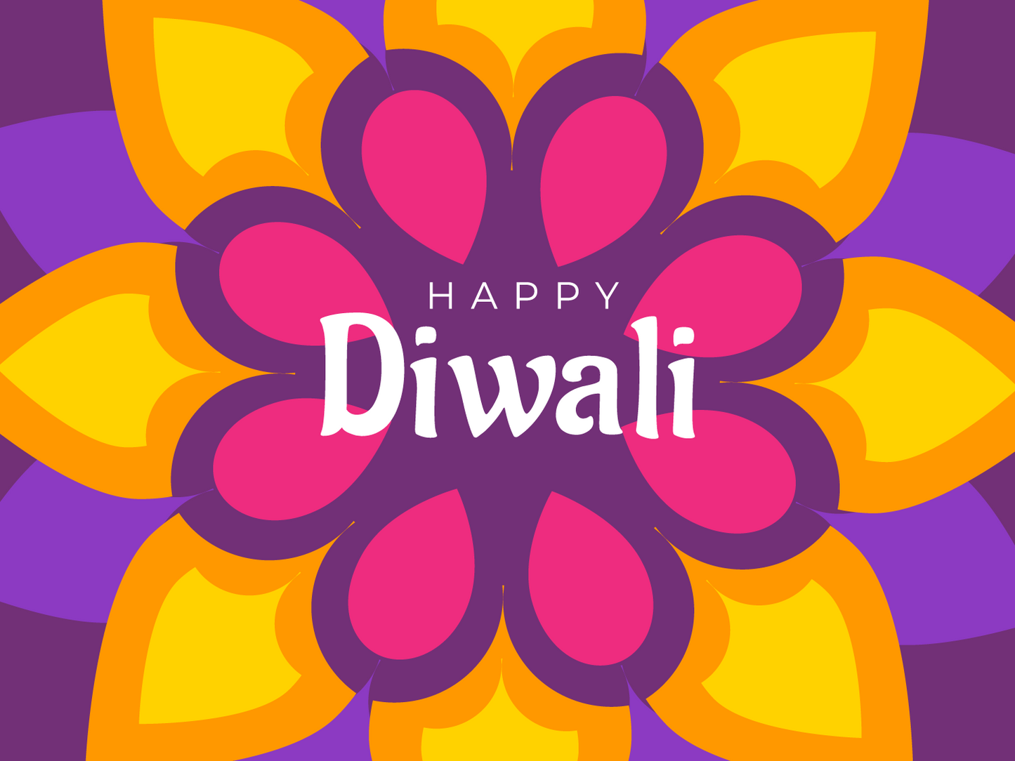 Colorful Diwali card with a pink flower design and 'Happy Diwali' text on a purple background.