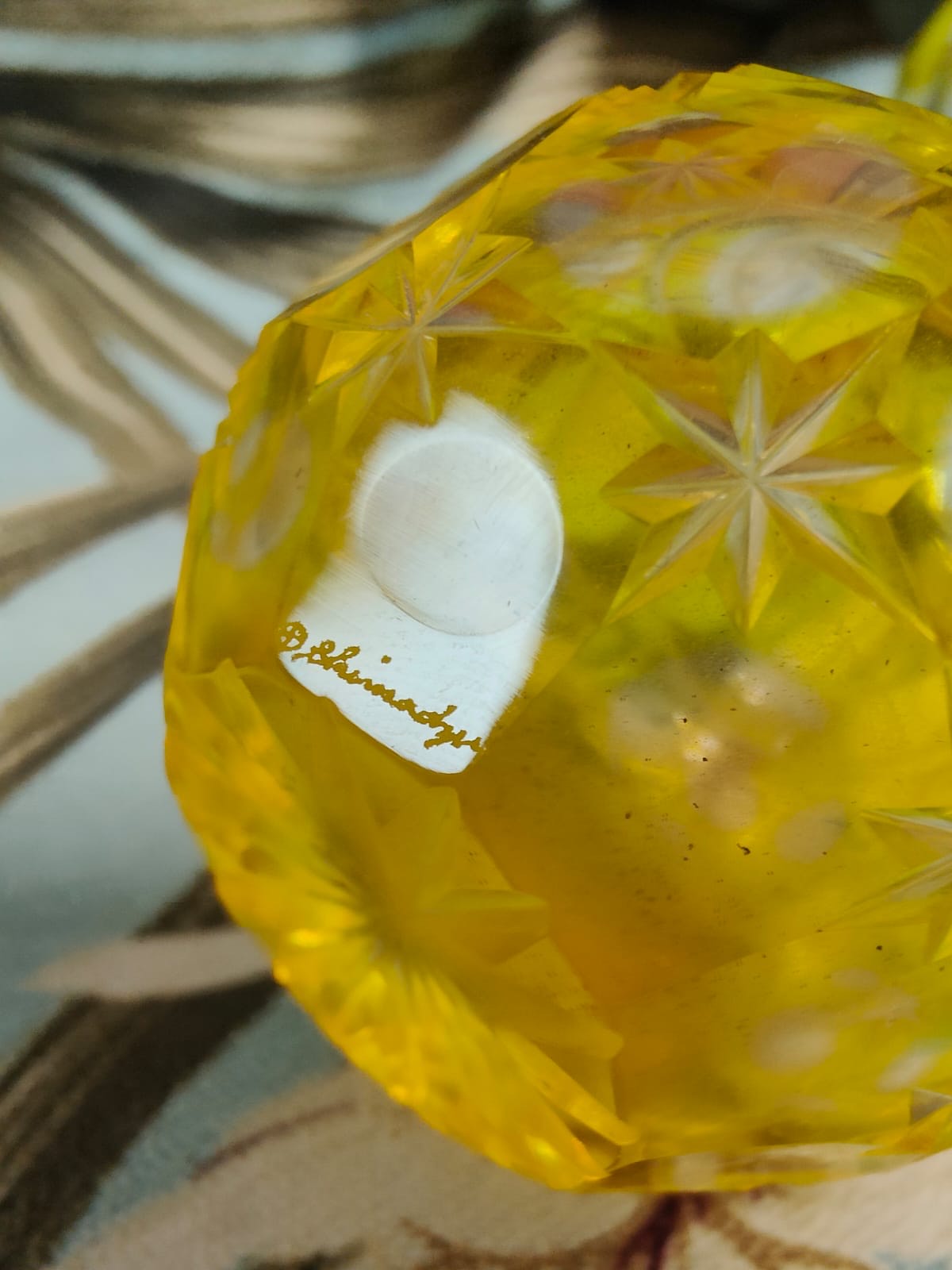 Shimadzu Yellow Satsuma Kiriko Cut Glass Sake Bottle 4"