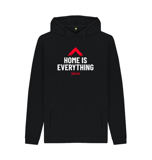 A black hoodie with the slogan 'Home is Everything' in white font and the Shelter roof logo in red above the text