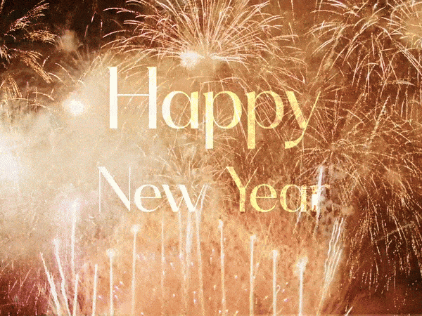 An animated GIF showing fireworks exploding with Gold text overlaid that reads: 'Happy New Year'