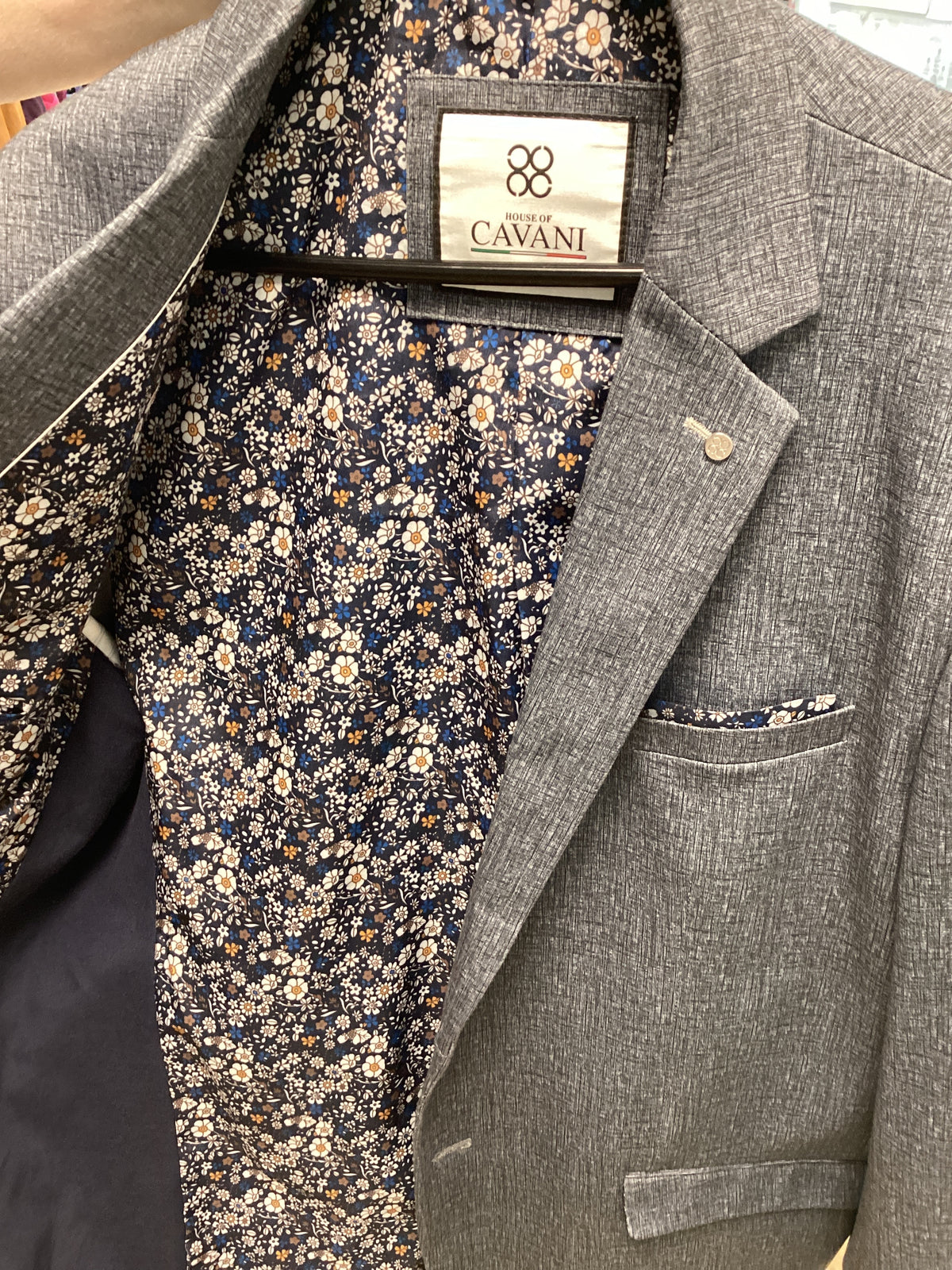 House of Cavani New Men’s Blazer Bluey Grey with floral lining lightweight size 46