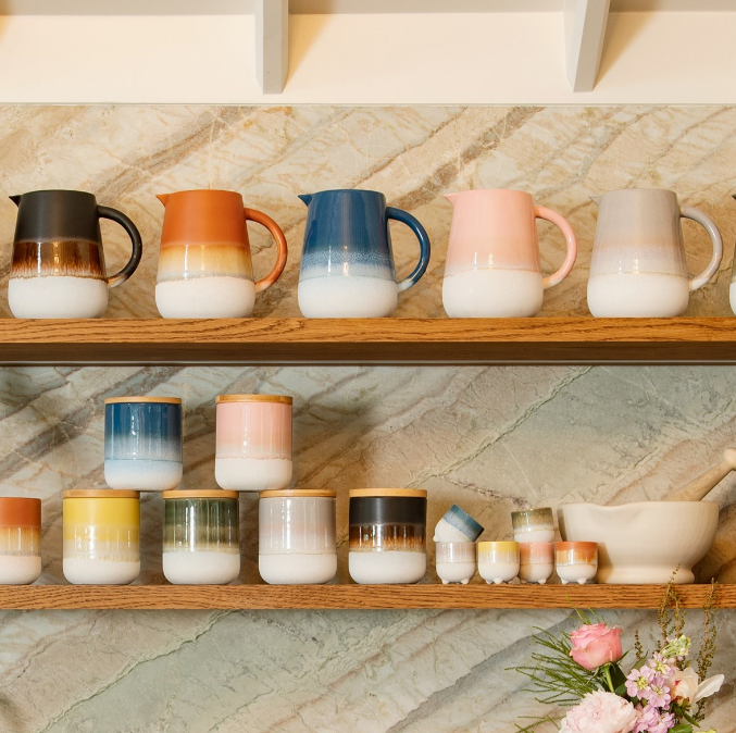 mojave jug range displayed on rustic kitchen shelves
